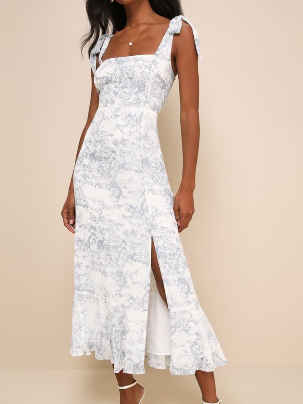 Lulu's White and Light Blue Toile Midi Dress